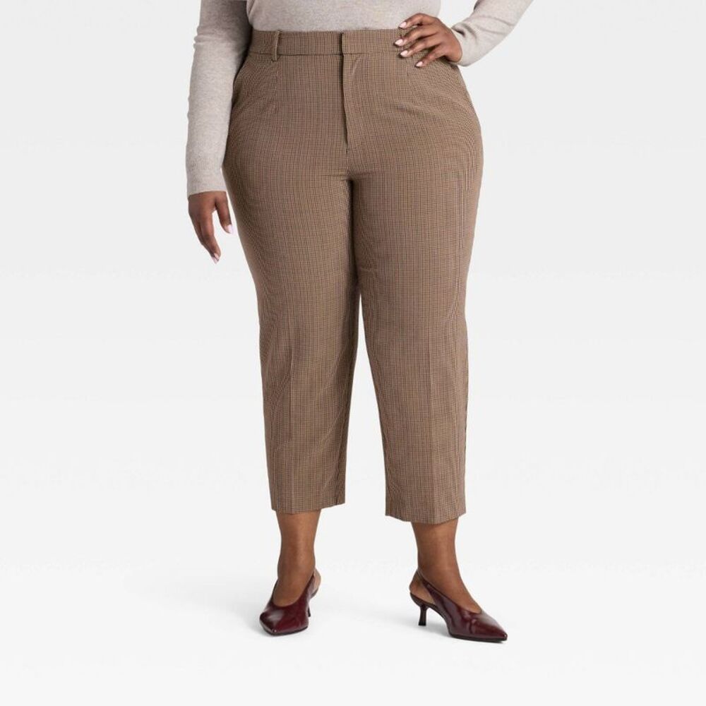 Women's Tapered Ankle Pants - A New Day Brown Plaid 26